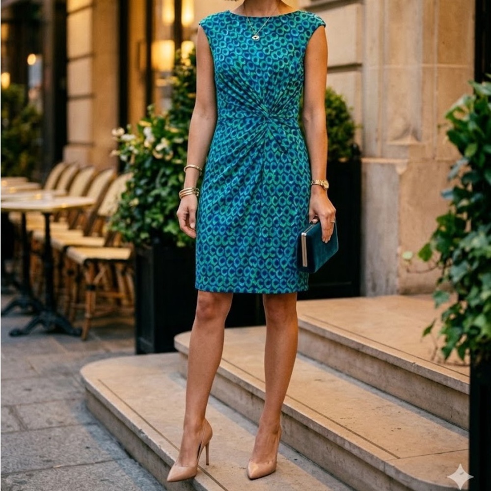 Lauren Ralph Lauren Blue and green Sheath Midi Dress with Bateau Neckline Sz 12P